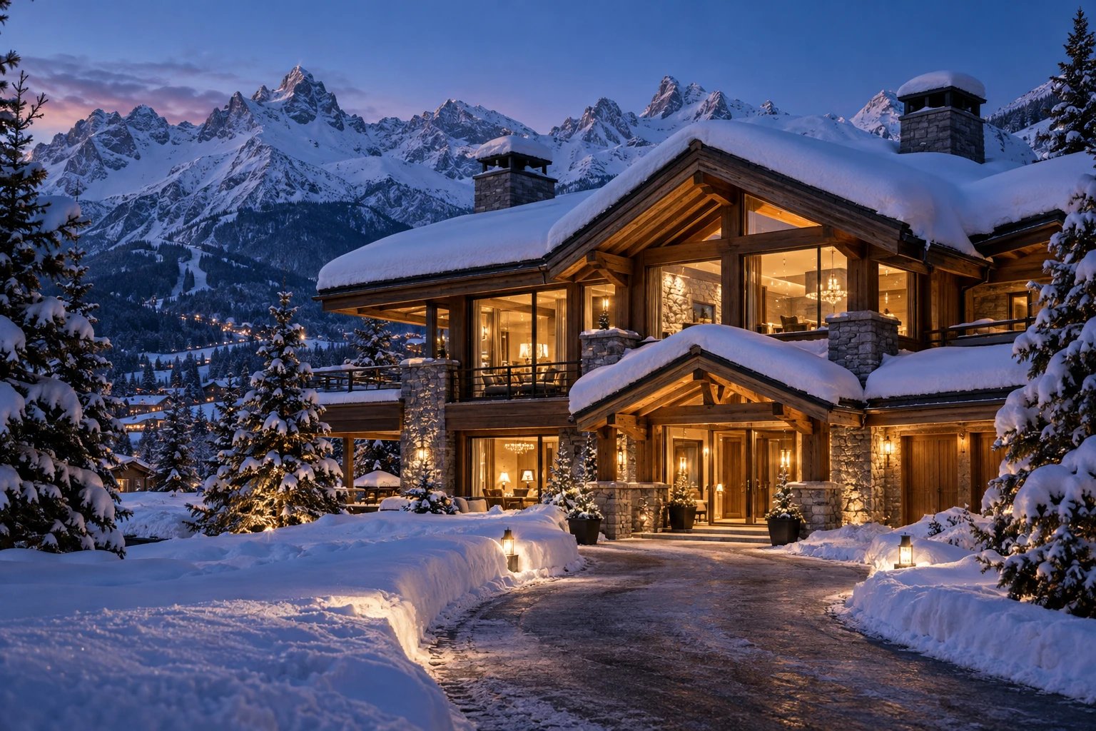 A luxury alpine chalet glowing at dusk beneath snow-covered peaks
