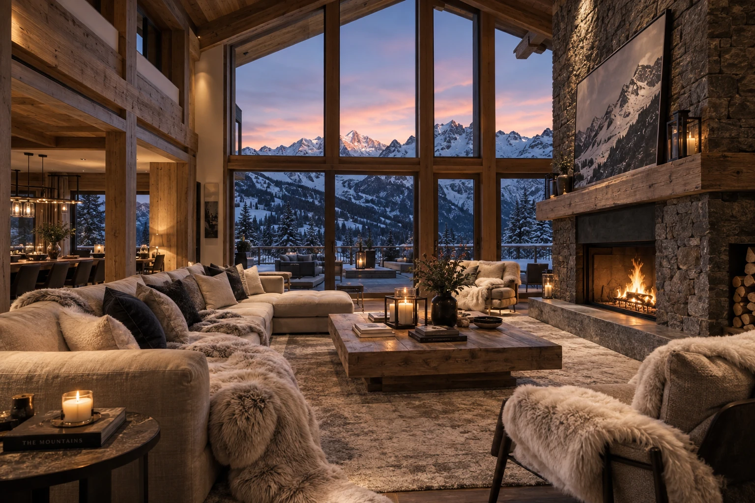 A chalet interior with a stone fireplace and a window framing snowy peaks