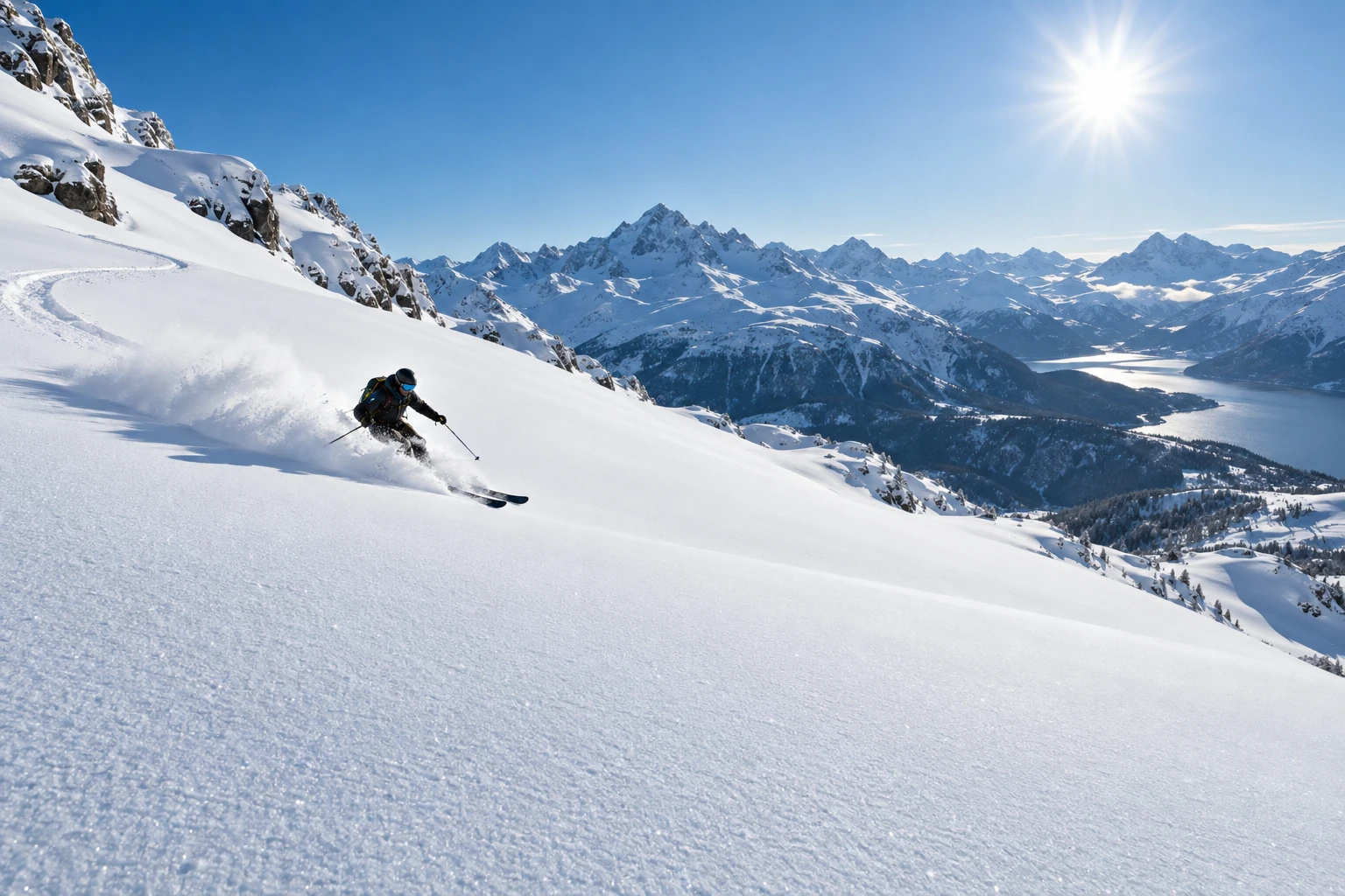 A lone skier carving a clean line through untouched powder