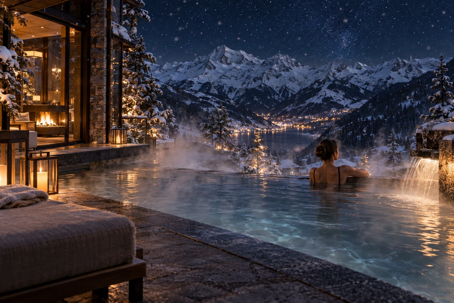 A steaming outdoor hot spring at night beneath snowy mountains